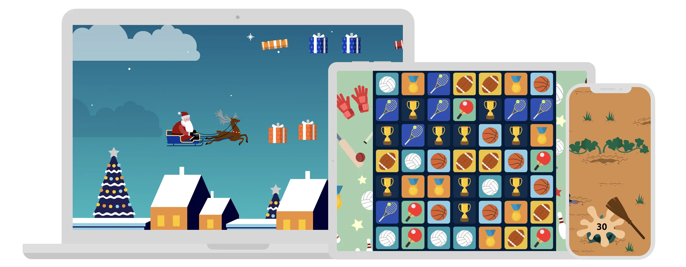 HTML5 games shown on a laptop, iPad and mobile